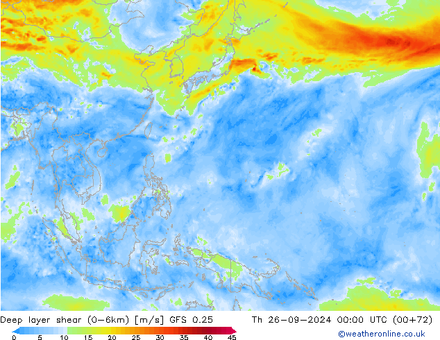 Deep layer shear (0-6km) GFS 0.25 Do 26.09.2024 00 UTC