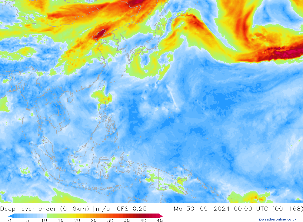 Deep layer shear (0-6km) GFS 0.25 Mo 30.09.2024 00 UTC