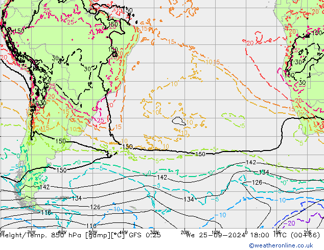 Z500/Rain (+SLP)/Z850 GFS 0.25 Qua 25.09.2024 18 UTC