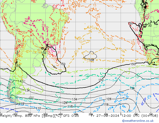 Géop./Temp. 850 hPa GFS 0.25 ven 27.09.2024 12 UTC