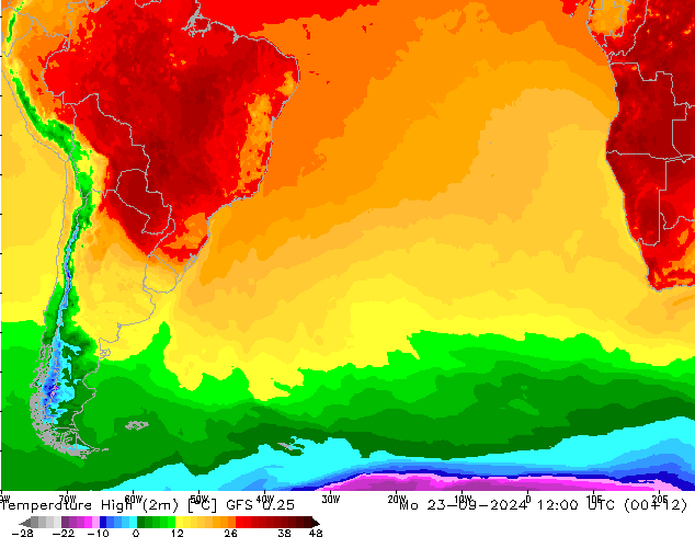 température 2m max GFS 0.25 lun 23.09.2024 12 UTC