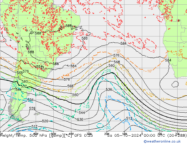 Z500/Rain (+SLP)/Z850 GFS 0.25 sab 05.10.2024 00 UTC