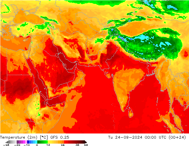 mapa temperatury (2m) GFS 0.25 wto. 24.09.2024 00 UTC