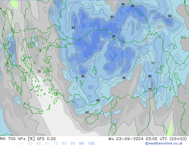 Humedad rel. 700hPa GFS 0.25 lun 23.09.2024 03 UTC