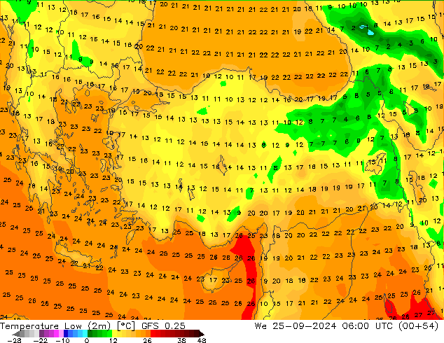 Min.temperatuur (2m) GFS 0.25 wo 25.09.2024 06 UTC