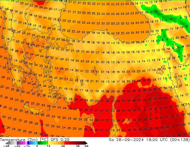 température (2m) GFS 0.25 sam 28.09.2024 18 UTC