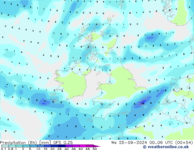 Précipitation (6h) GFS 0.25 mer 25.09.2024 06 UTC