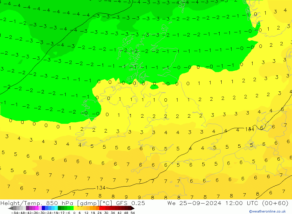 Z500/Rain (+SLP)/Z850 GFS 0.25 Mi 25.09.2024 12 UTC