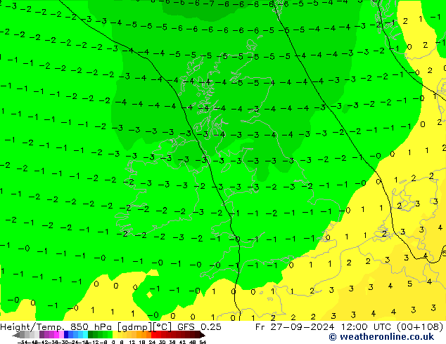 Z500/Yağmur (+YB)/Z850 GFS 0.25 Cu 27.09.2024 12 UTC