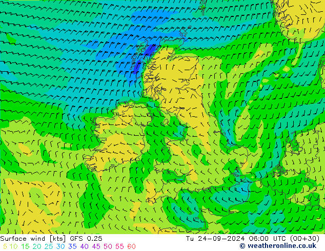 Surface wind GFS 0.25 Út 24.09.2024 06 UTC