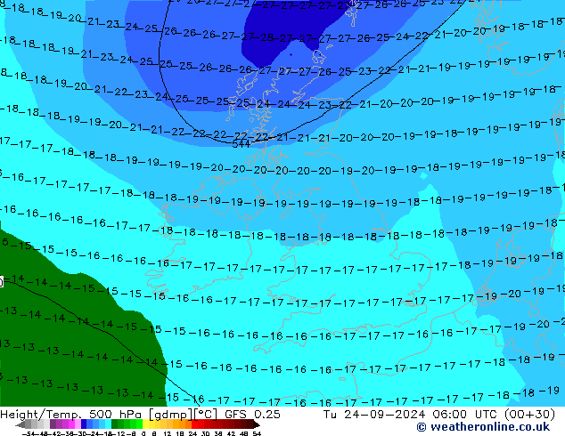 Z500/Rain (+SLP)/Z850 GFS 0.25  24.09.2024 06 UTC