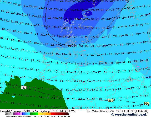 Z500/Regen(+SLP)/Z850 GFS 0.25 di 24.09.2024 12 UTC