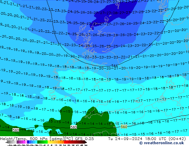 Z500/Rain (+SLP)/Z850 GFS 0.25 Tu 24.09.2024 18 UTC