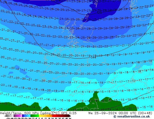 Z500/Yağmur (+YB)/Z850 GFS 0.25 Çar 25.09.2024 00 UTC