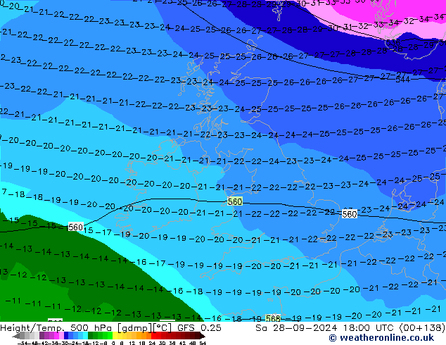 Z500/Yağmur (+YB)/Z850 GFS 0.25 Cts 28.09.2024 18 UTC