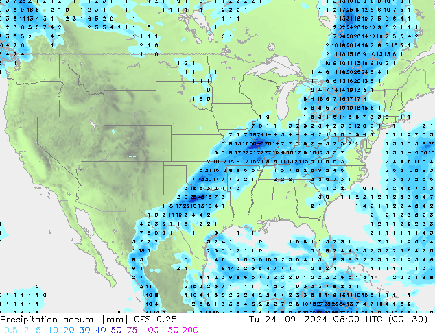 Precipitation accum. GFS 0.25 Tu 24.09.2024 06 UTC