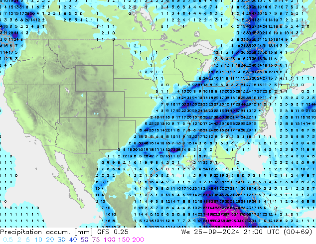 Precipitation accum. GFS 0.25 We 25.09.2024 21 UTC