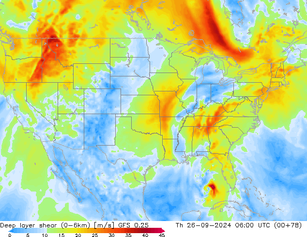 Deep layer shear (0-6km) GFS 0.25 jue 26.09.2024 06 UTC