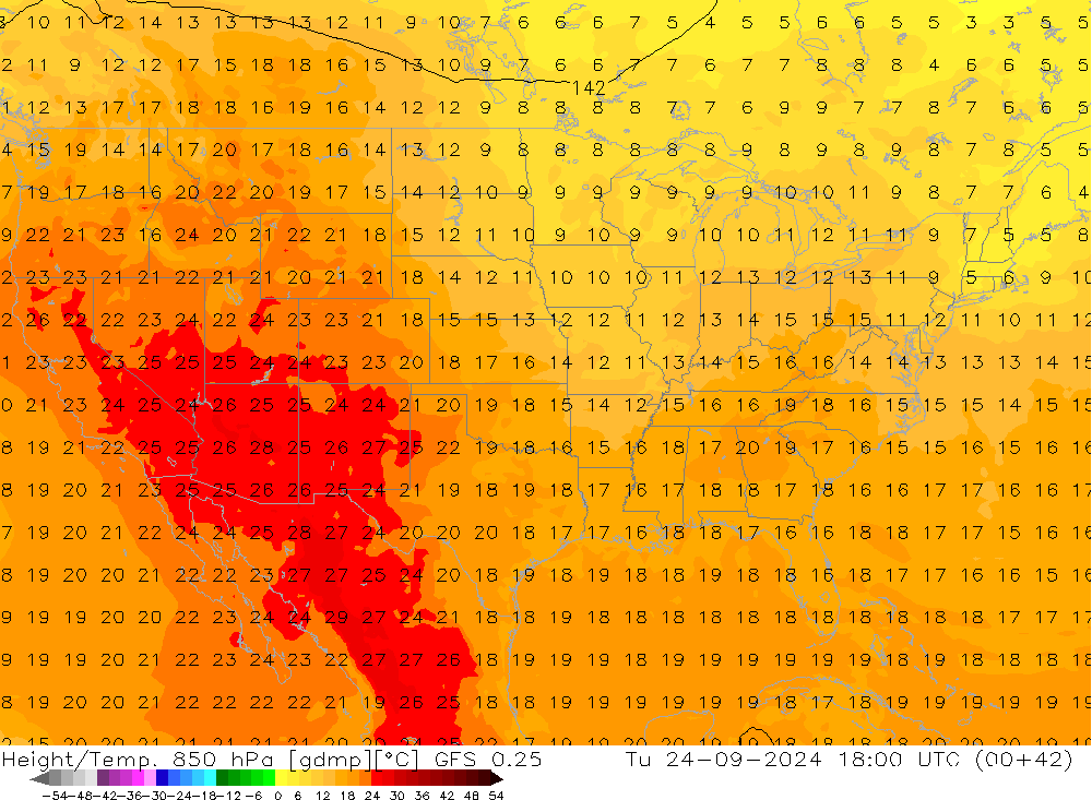 Géop./Temp. 850 hPa GFS 0.25 mar 24.09.2024 18 UTC