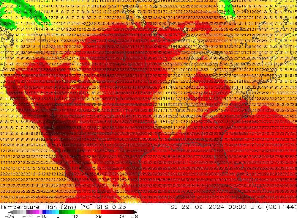 Temperatura máx. (2m) GFS 0.25 dom 29.09.2024 00 UTC