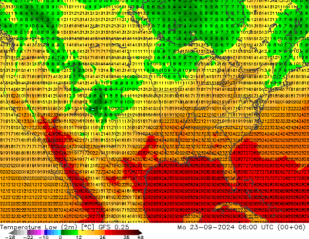 Min.temperatuur (2m) GFS 0.25 ma 23.09.2024 06 UTC