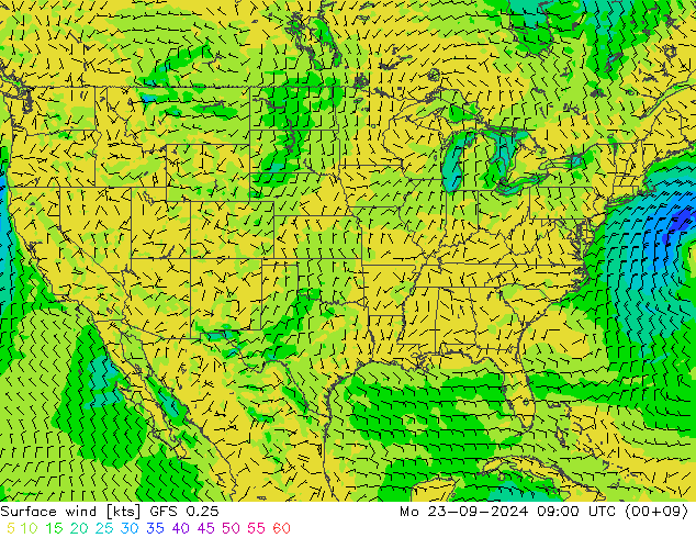 Vento 10 m GFS 0.25 Seg 23.09.2024 09 UTC