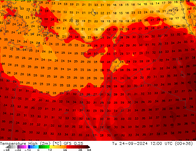 température 2m max GFS 0.25 mar 24.09.2024 12 UTC