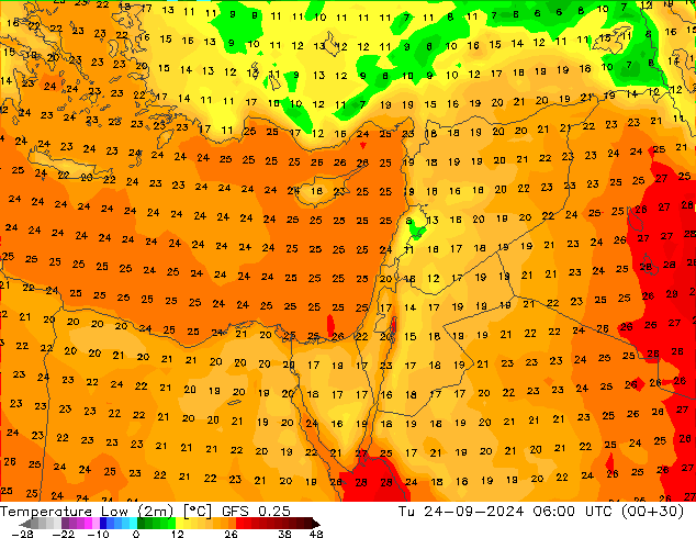 Temperature Low (2m) GFS 0.25 Tu 24.09.2024 06 UTC