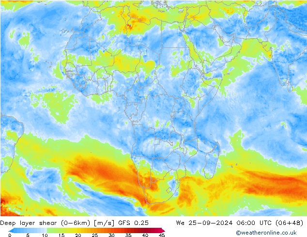 Deep layer shear (0-6km) GFS 0.25 wo 25.09.2024 06 UTC