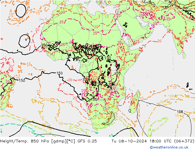 Z500/Rain (+SLP)/Z850 GFS 0.25 Tu 08.10.2024 18 UTC