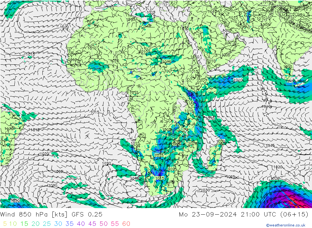 Viento 850 hPa GFS 0.25 lun 23.09.2024 21 UTC