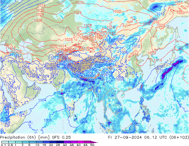 Z500/Rain (+SLP)/Z850 GFS 0.25 ven 27.09.2024 12 UTC