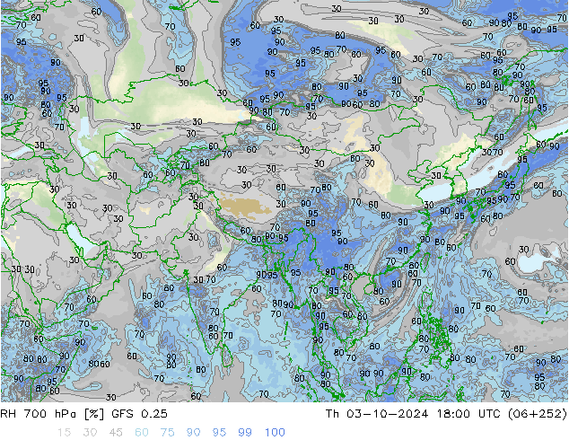 RH 700 hPa GFS 0.25 gio 03.10.2024 18 UTC