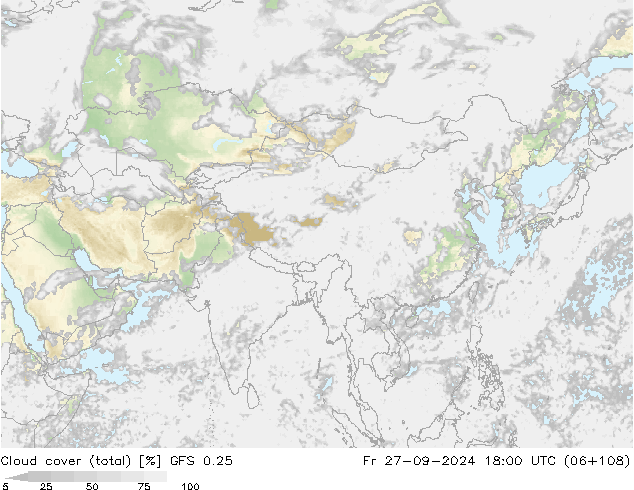 Cloud cover (total) GFS 0.25 Fr 27.09.2024 18 UTC