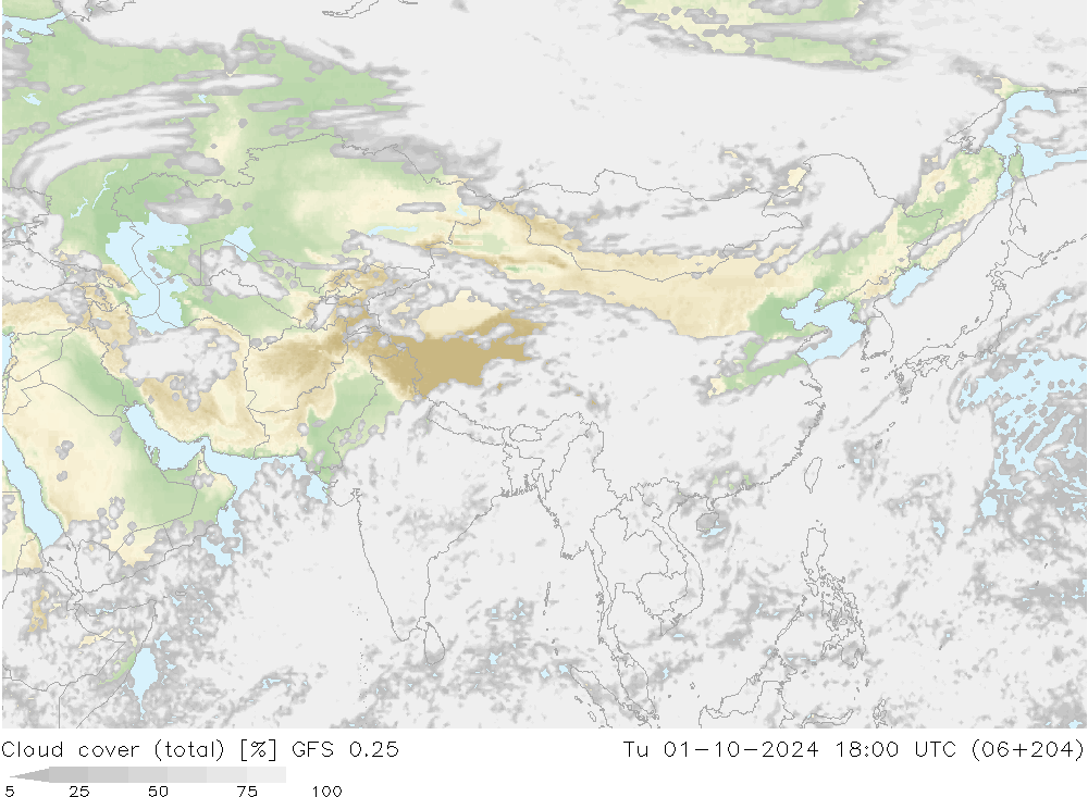 zachmurzenie (suma) GFS 0.25 wto. 01.10.2024 18 UTC