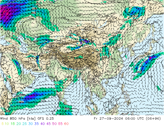 Wind 850 hPa GFS 0.25 Pá 27.09.2024 06 UTC