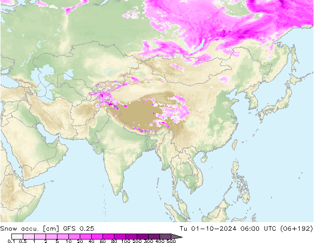 Глубина снега GFS 0.25 вт 01.10.2024 06 UTC