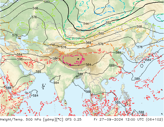 Z500/Rain (+SLP)/Z850 GFS 0.25 vie 27.09.2024 12 UTC