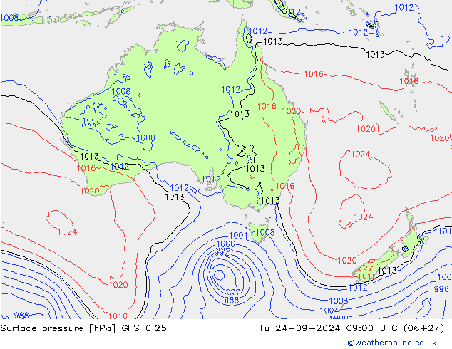 Atmosférický tlak GFS 0.25 Út 24.09.2024 09 UTC