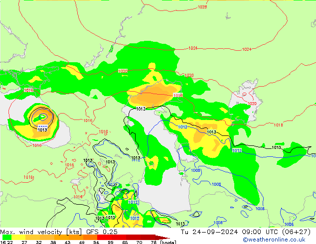 Max. wind velocity GFS 0.25 Tu 24.09.2024 09 UTC