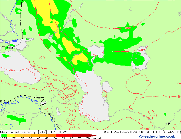 Max. wind velocity GFS 0.25 ср 02.10.2024 06 UTC