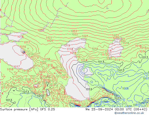 Presión superficial GFS 0.25 mié 25.09.2024 00 UTC