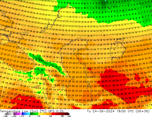 Min.temperatuur (2m) GFS 0.25 di 24.09.2024 18 UTC