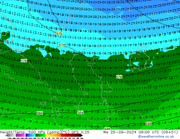 Z500/Rain (+SLP)/Z850 GFS 0.25 We 25.09.2024 09 UTC