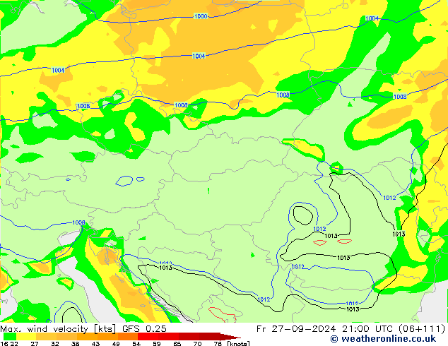 Max. wind velocity GFS 0.25 pt. 27.09.2024 21 UTC