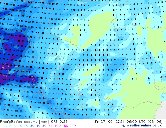 Precipitación acum. GFS 0.25 vie 27.09.2024 06 UTC