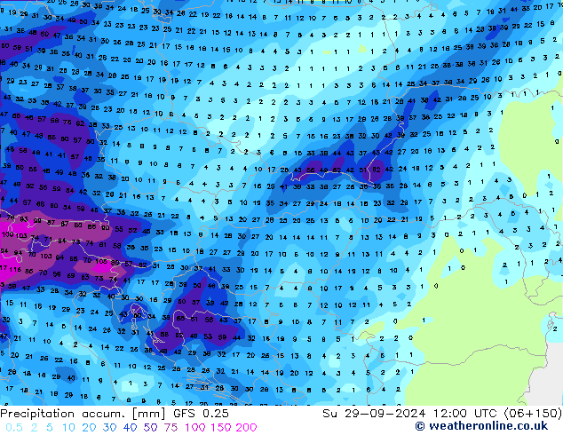 Precipitation accum. GFS 0.25 Su 29.09.2024 12 UTC