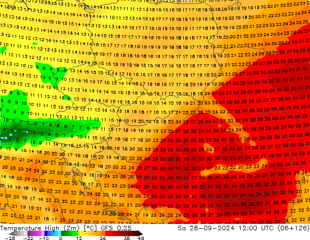 temperatura máx. (2m) GFS 0.25 Sáb 28.09.2024 12 UTC