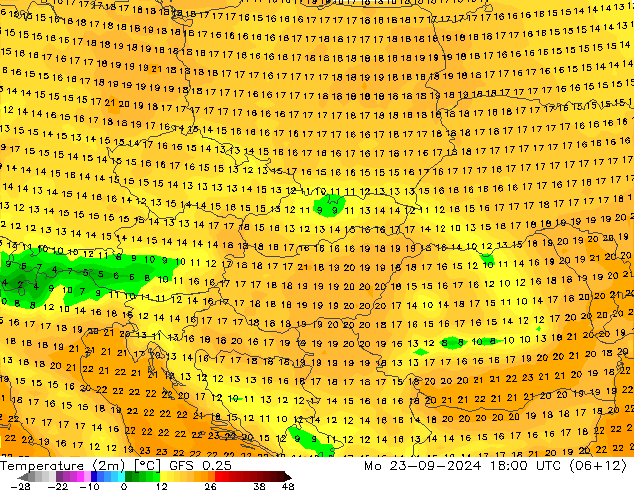 Temperaturkarte (2m) GFS 0.25 Mo 23.09.2024 18 UTC