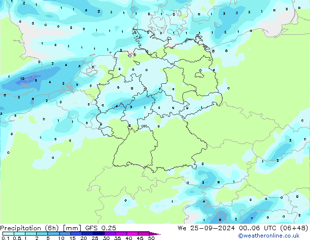 Precipitation (6h) GFS 0.25 We 25.09.2024 06 UTC